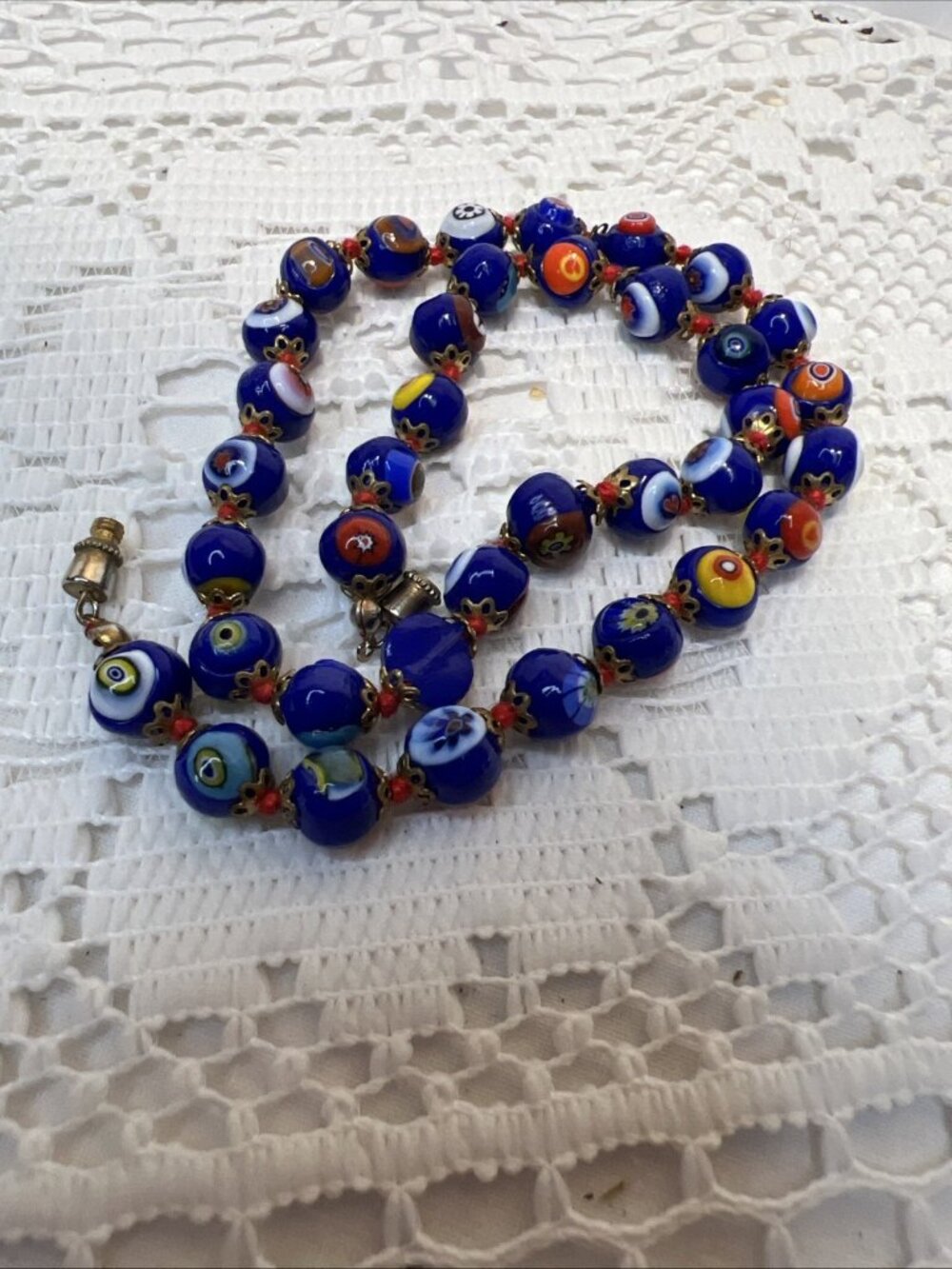 Vintage Venetian Style Millefiori & Eyes Glass Beaded Necklace 18” Barrel Clasp